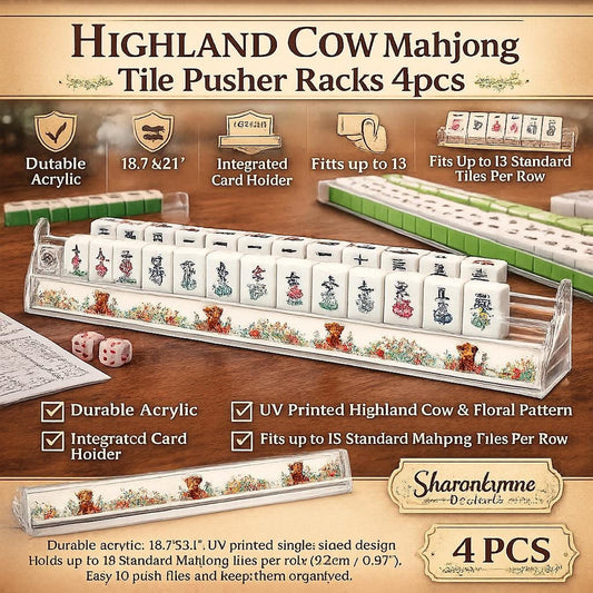 Highland Cow Mahjong Tile Pusher Racks Set, Acrylic Card Holder with Floral Design