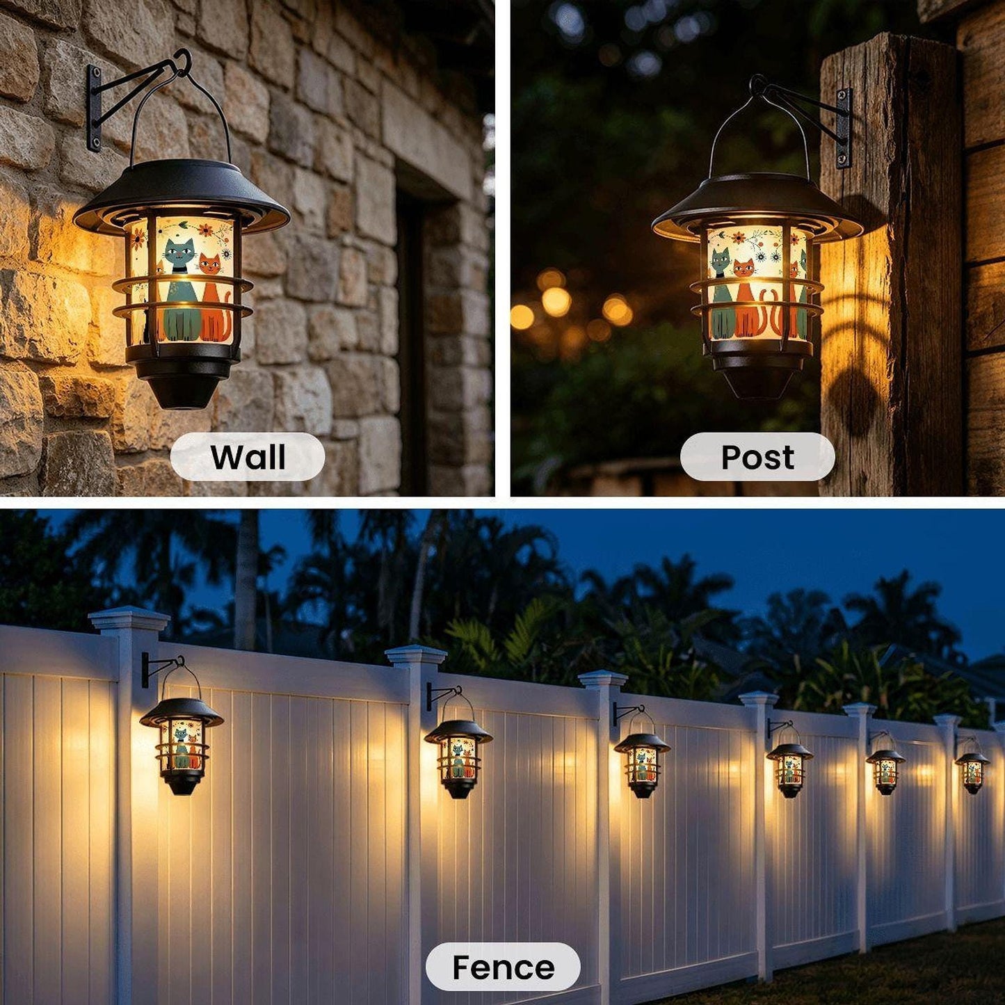 Garden Hanging Light Set Of 2, Retro Cat Solar Lanterns, Weather-Resistant Housing