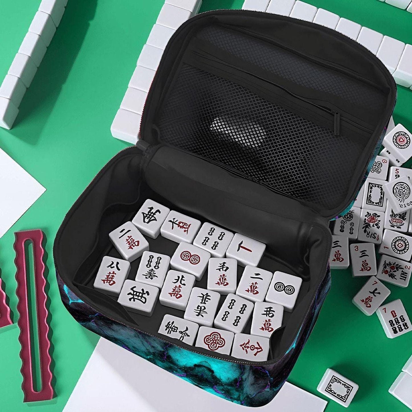 Neon Marble Portable Mahjong Bag, Durable Polyester Storage Case for Game Tiles