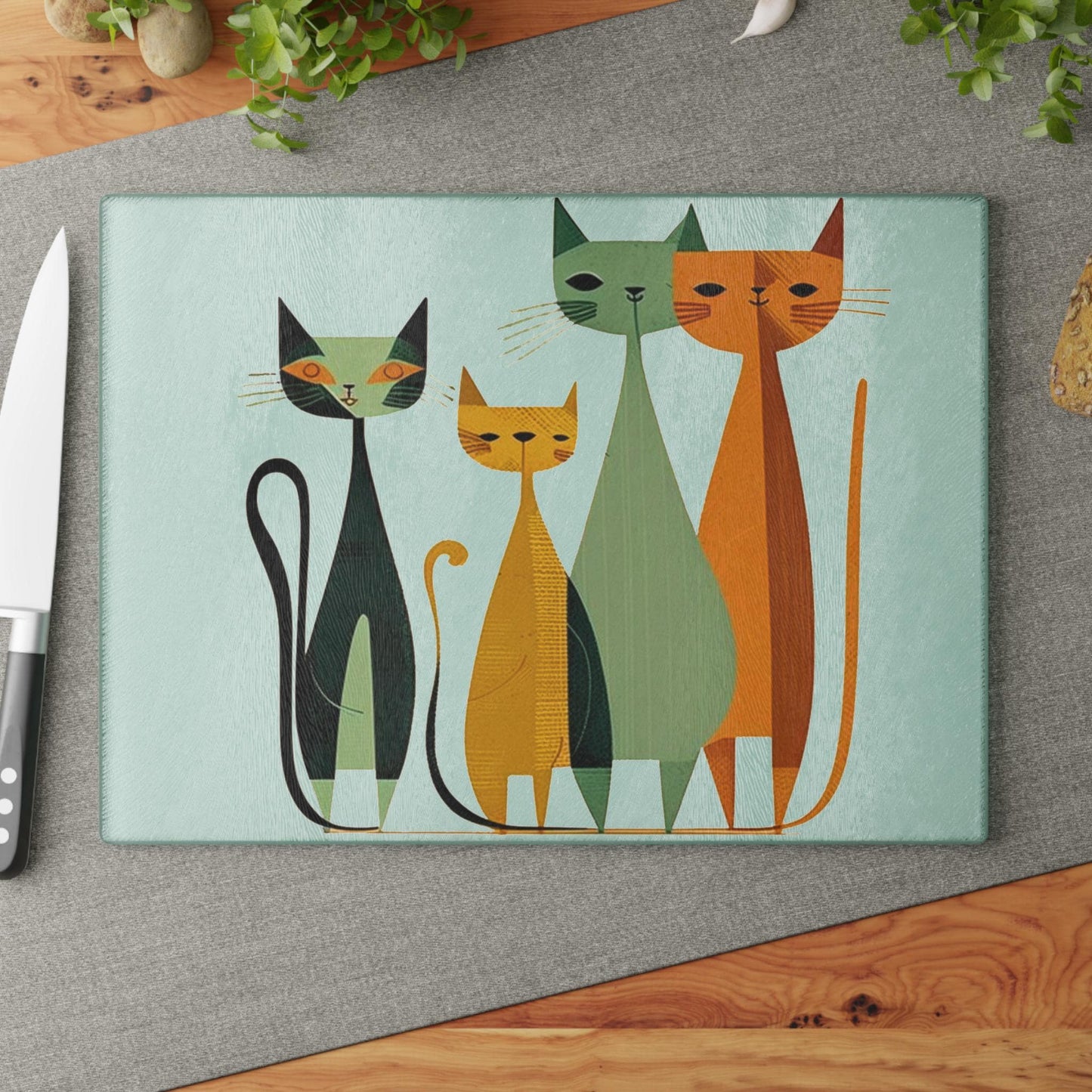 Mid Century Modern Cat Glass Cutting Board, Retro Kitchen Decor in Two Sizes