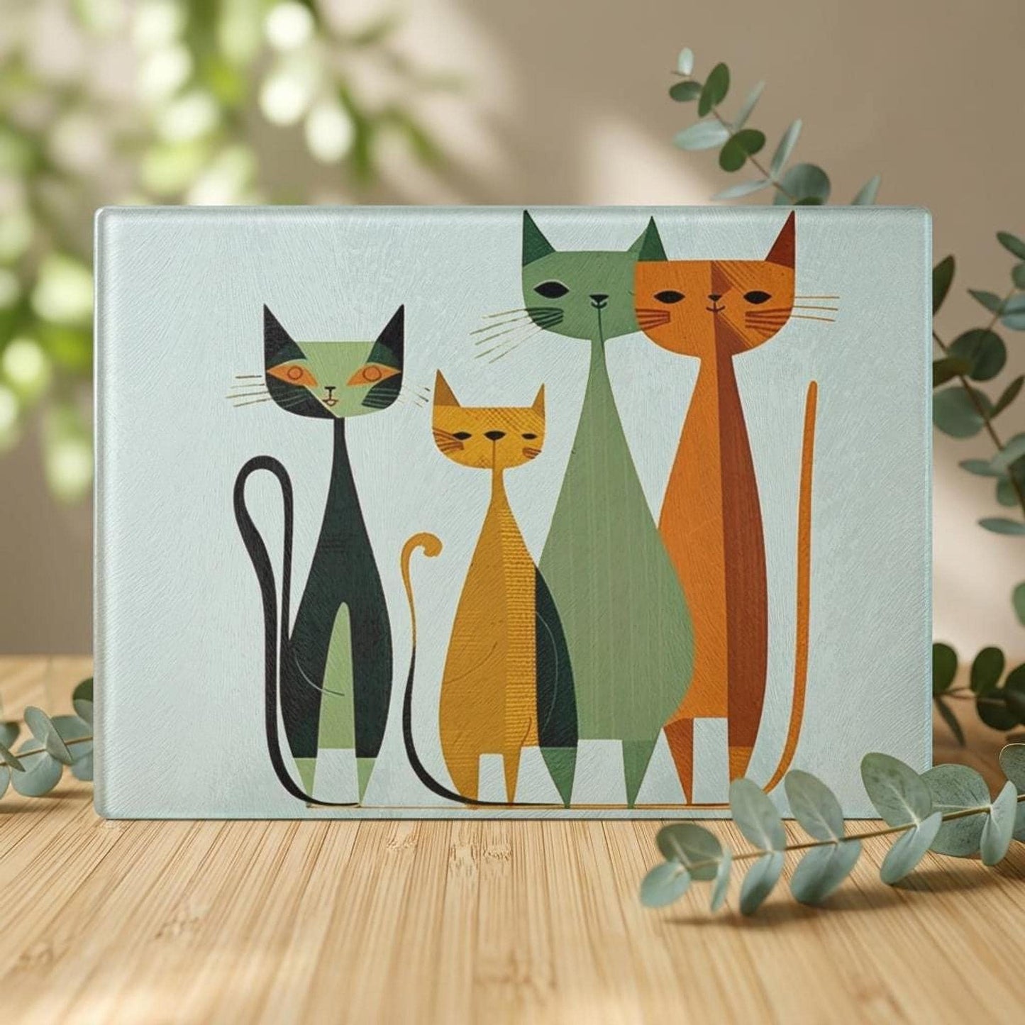Mid Century Modern Cat Glass Cutting Board, Retro Kitchen Decor in Two Sizes