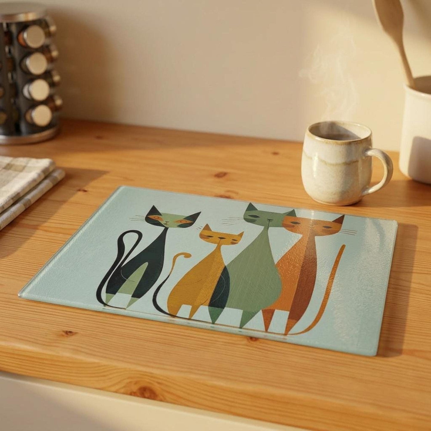 Mid Century Modern Cat Glass Cutting Board, Retro Kitchen Decor in Two Sizes