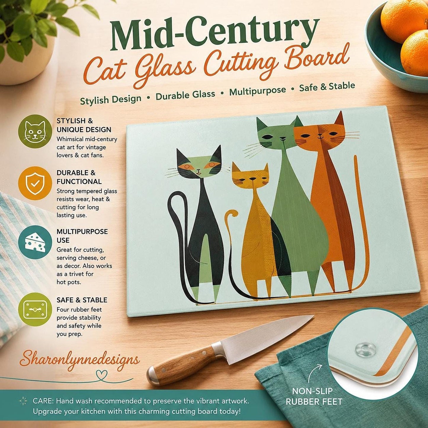 Mid Century Modern Cat Glass Cutting Board, Retro Kitchen Decor in Two Sizes