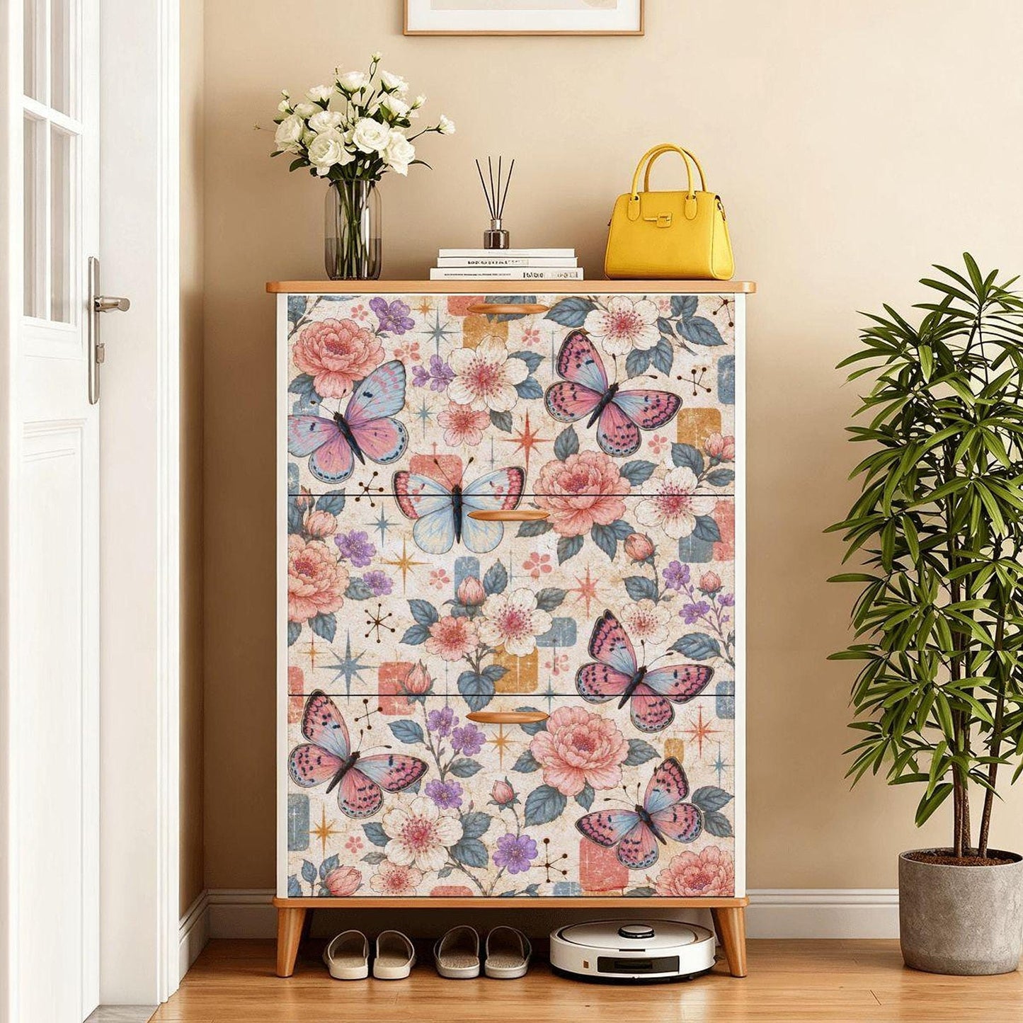 Retro Shoe Cabinet with Butterfly Design, Floral MDF Storage and Adjustable Shelves