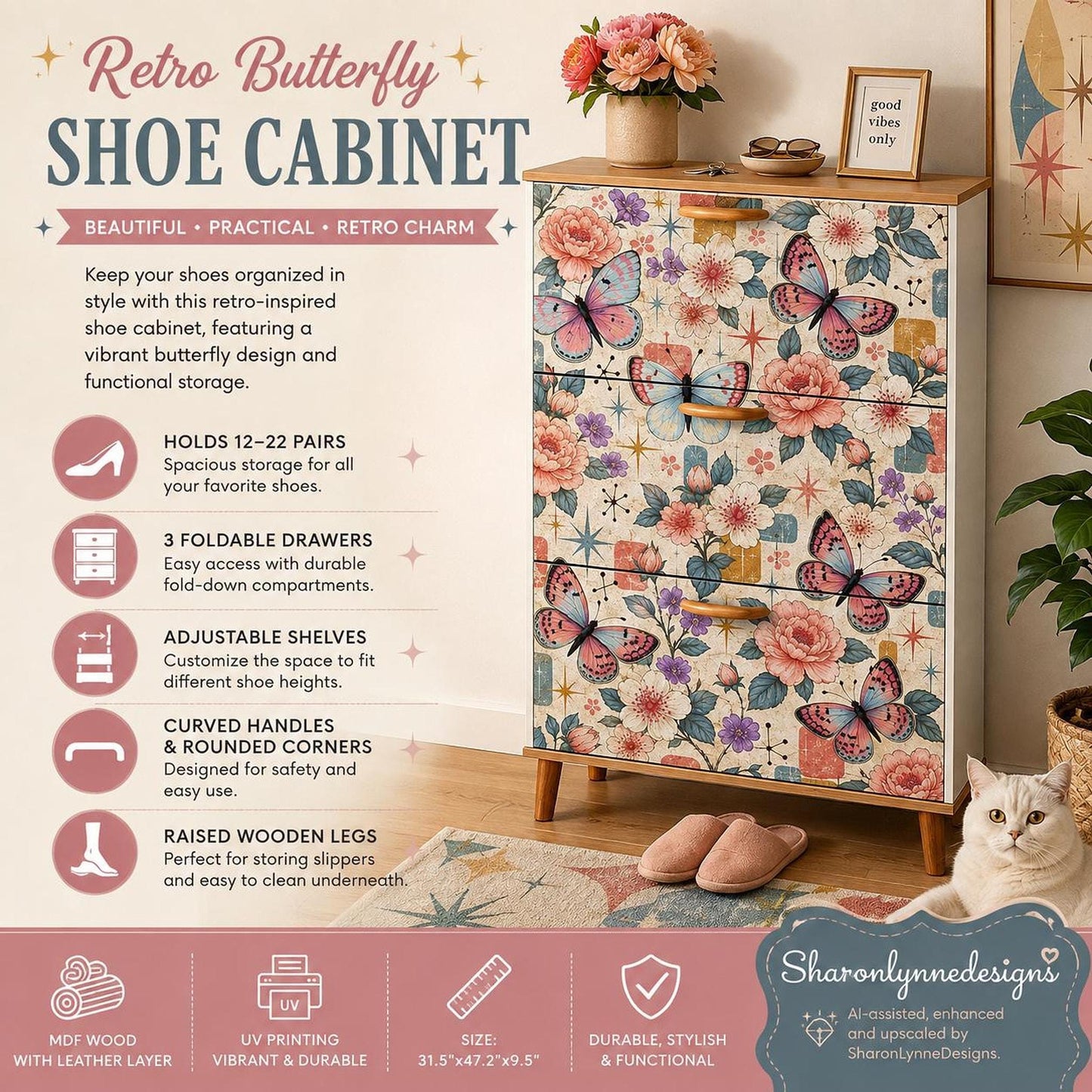 Retro Shoe Cabinet with Butterfly Design, Floral MDF Storage and Adjustable Shelves