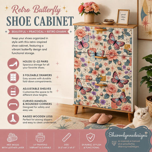 Retro Shoe Cabinet with Butterfly Design, Floral MDF Storage and Adjustable Shelves