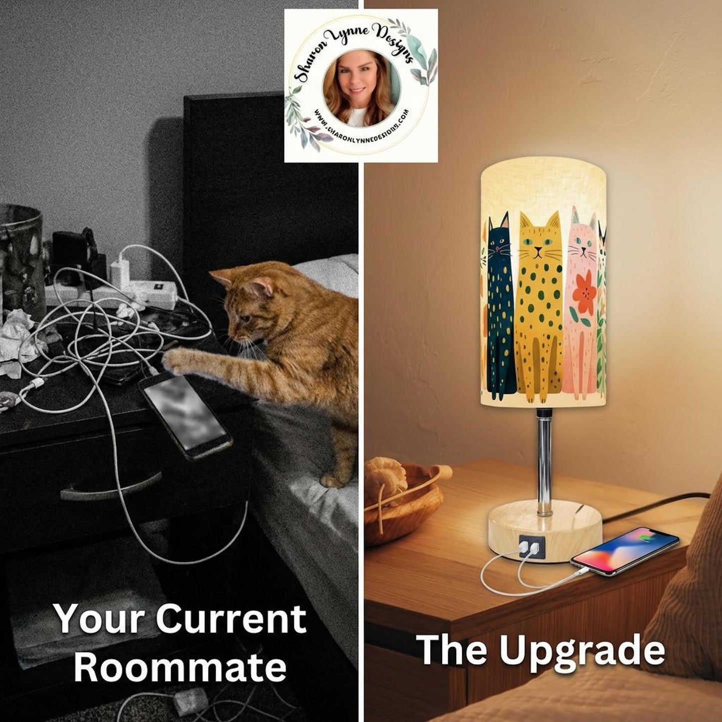 Cat Bedside Lamp, Linen Shade with USB, Type-C Charging and Touch Dimming