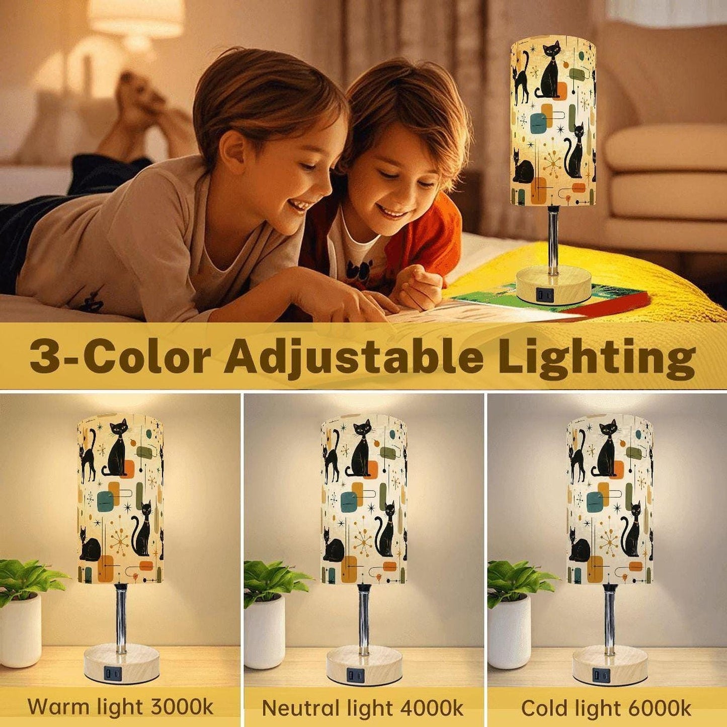 Retro Cat Touch Bedside Table Lamp with USB Charging Port - Modern Night Light