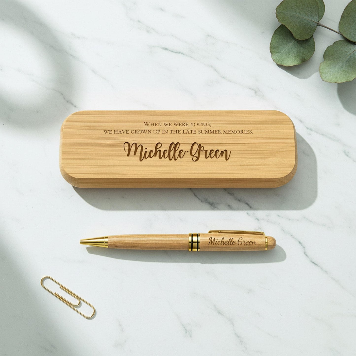 Monogrammed Keepsake Pen Set, Personalized Wooden Case with Gold-Tone Accents