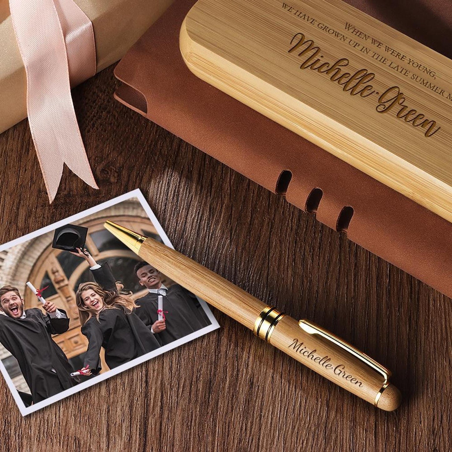 Monogrammed Keepsake Pen Set, Personalized Wooden Case with Gold-Tone Accents