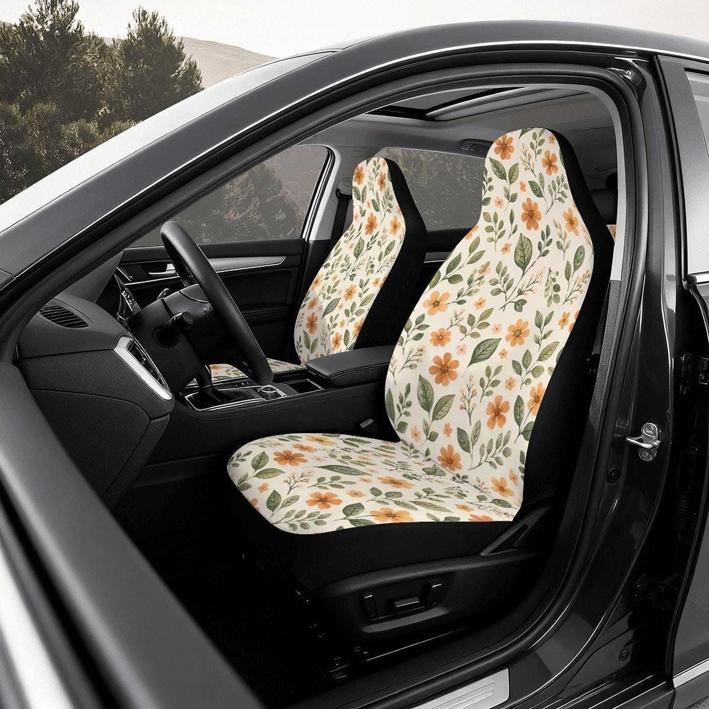 Car Seat Cover Set, Orange Floral Polyester And Sponge, Waterproof 3-Piece