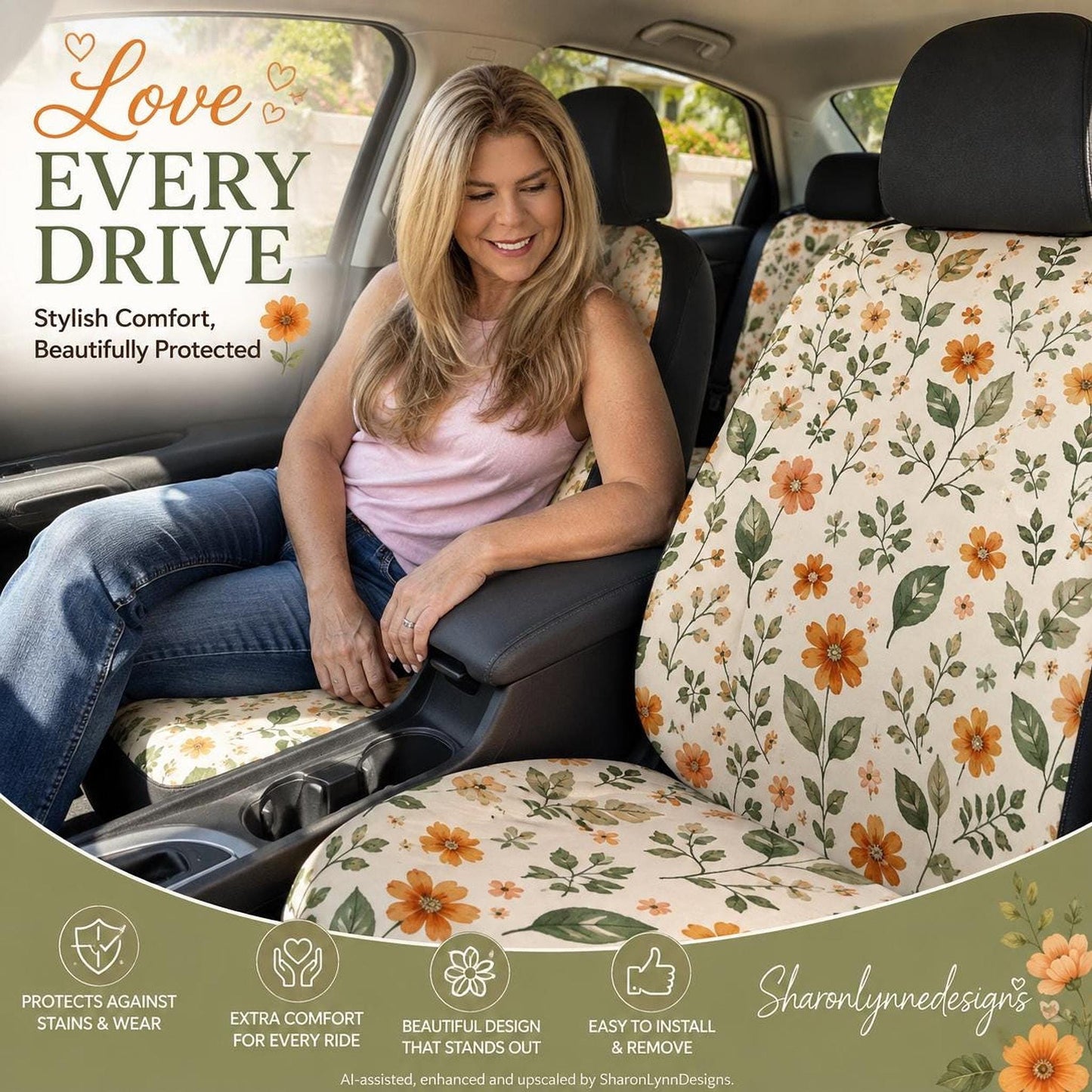 Car Seat Cover Set, Orange Floral Polyester And Sponge, Waterproof 3-Piece