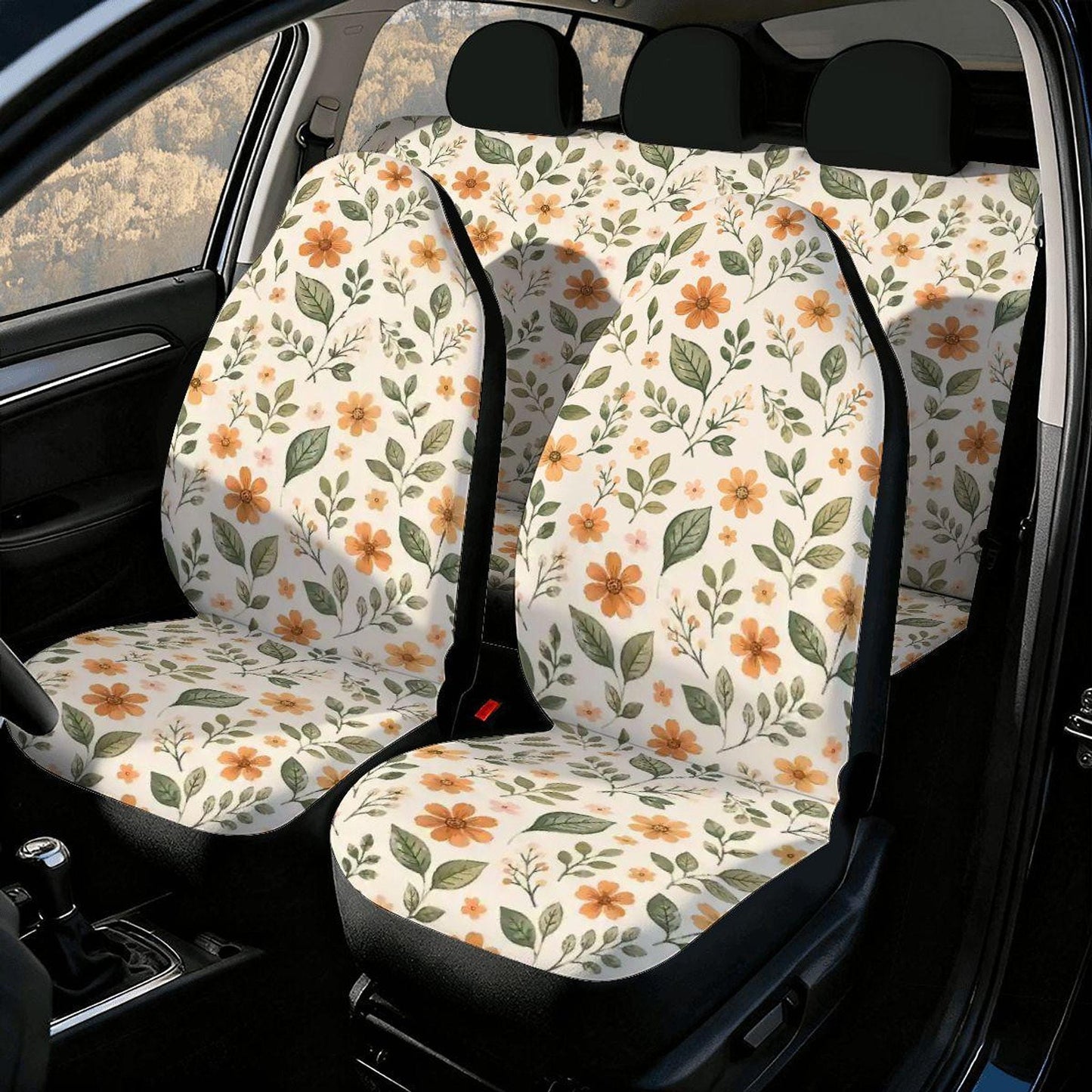 Car Seat Cover Set, Orange Floral Polyester And Sponge, Waterproof 3-Piece