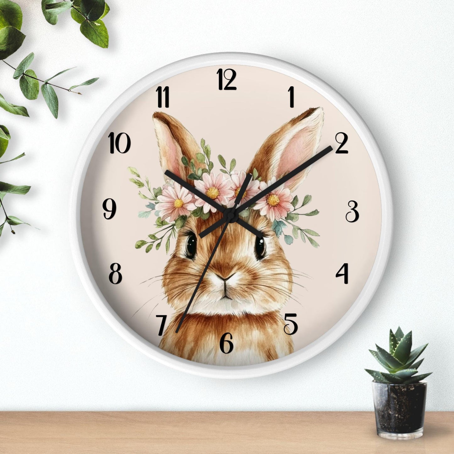 Rabbit Wall Clock, Floral Watercolor Bunny with 100% Wood Frame, 10-Inch Square