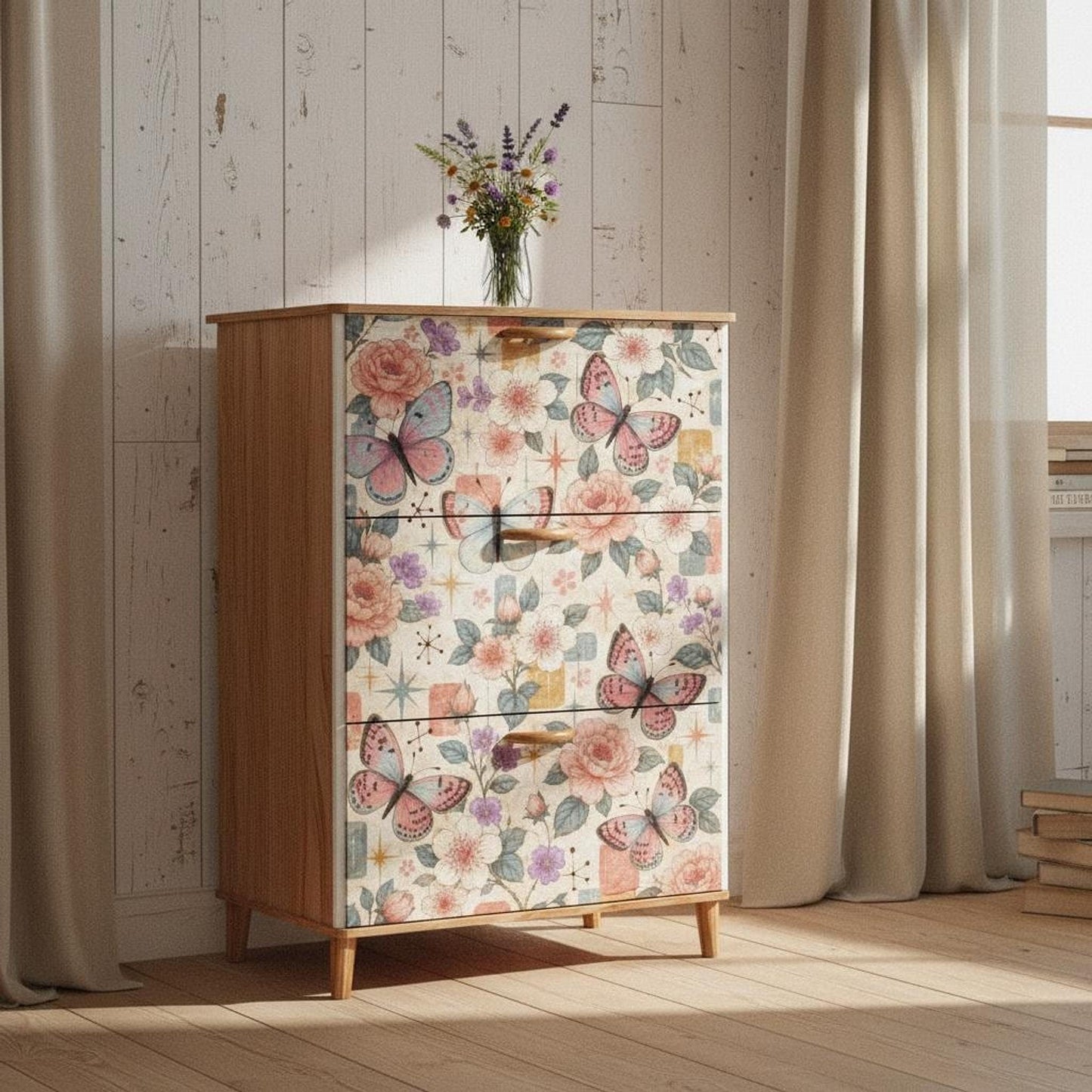 Retro Shoe Cabinet with Butterfly Design, Floral MDF Storage and Adjustable Shelves