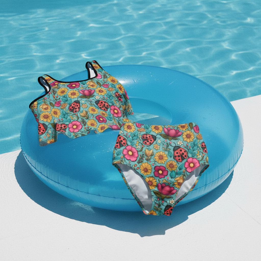 Plus Size Ruffle Swimsuit – Floral Ladybug Print Two-Piece Bikini