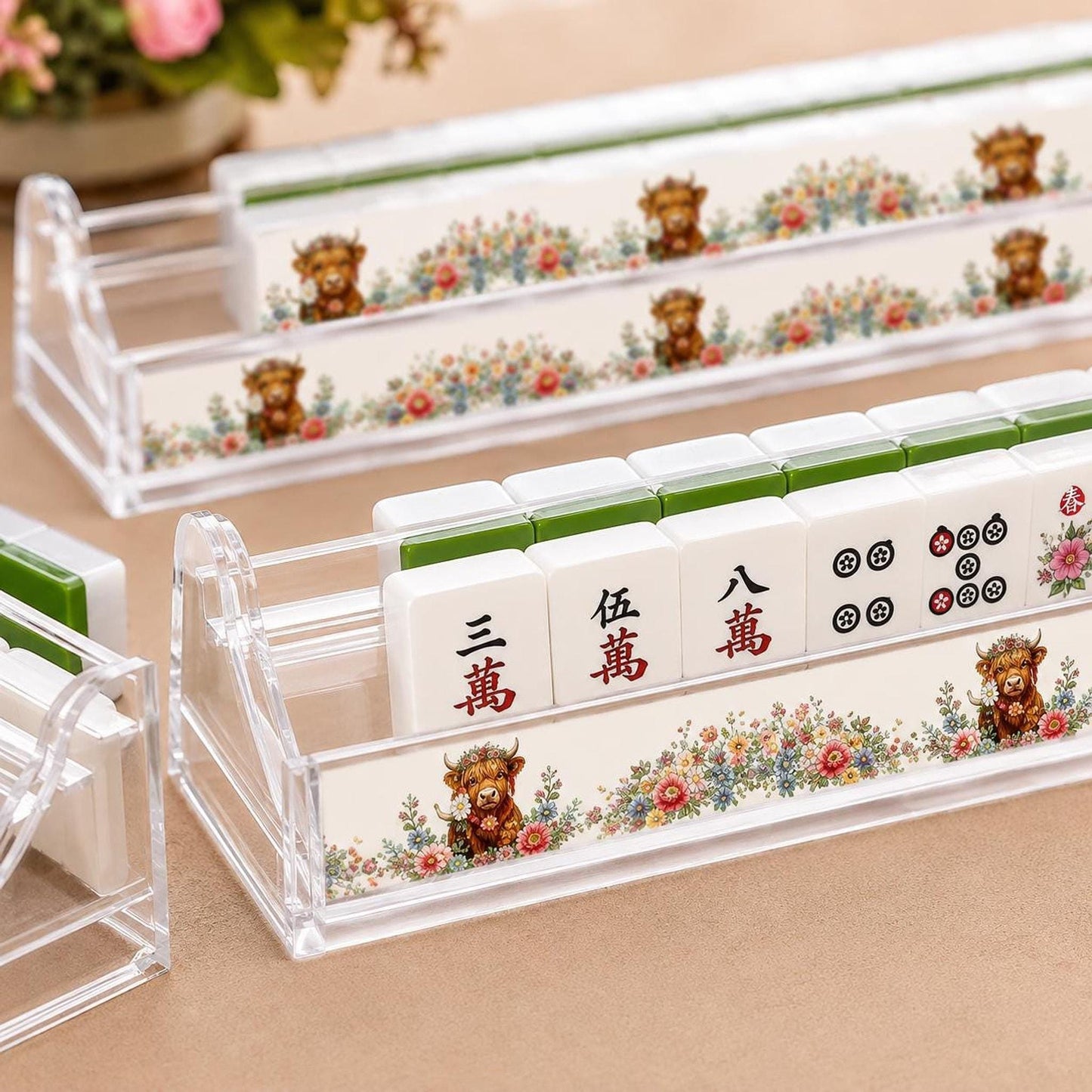 Highland Cow Mahjong Tile Pusher Racks Set, Acrylic Card Holder with Floral Design