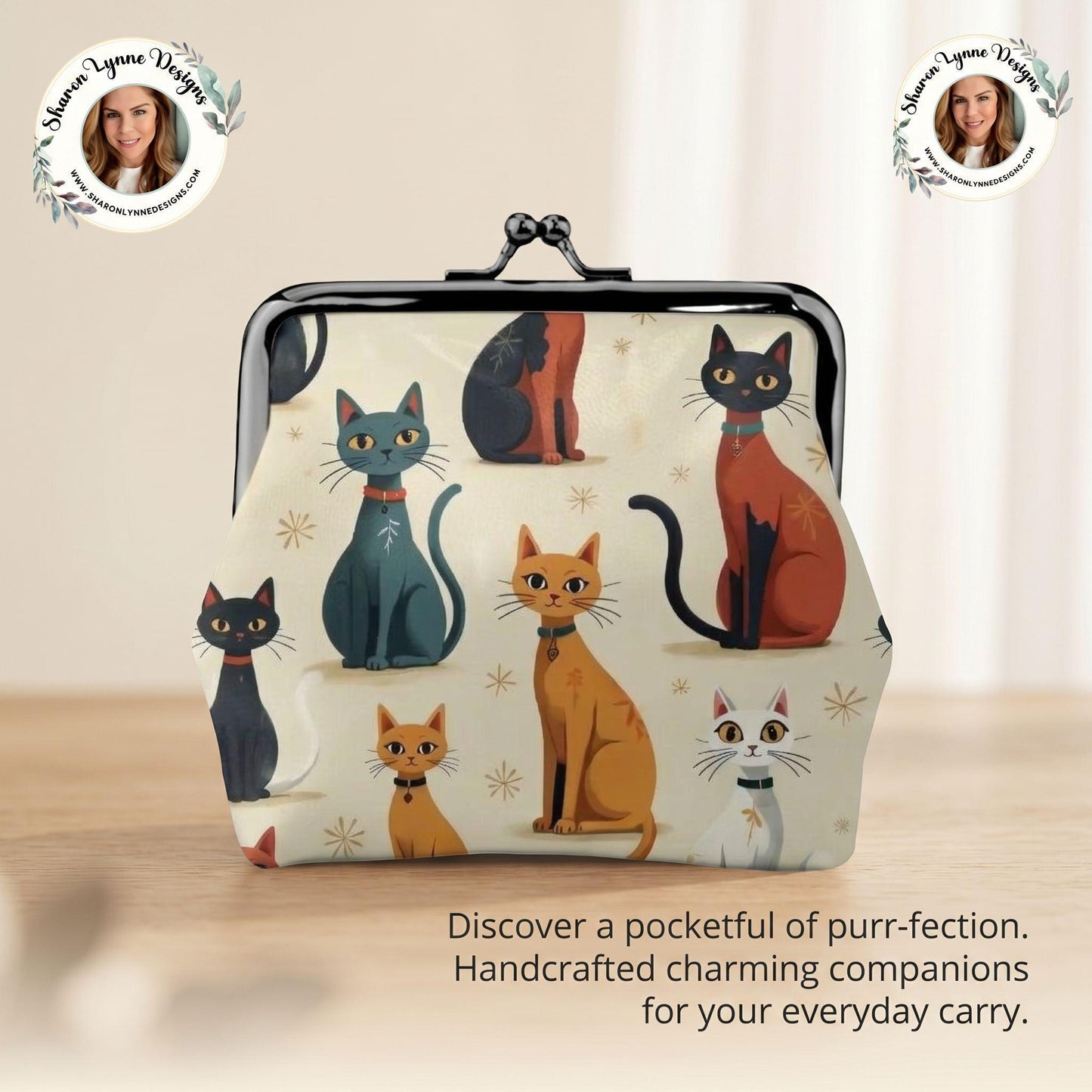 Retro Cat Purse, Vintage Kiss Lock Wallet in Soft Microfiber PU Leather