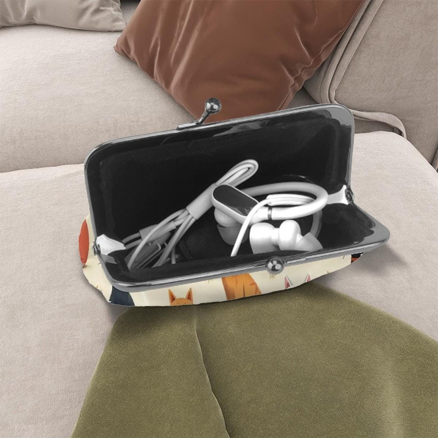 Retro Cat Purse, Vintage Kiss Lock Wallet in Soft Microfiber PU Leather