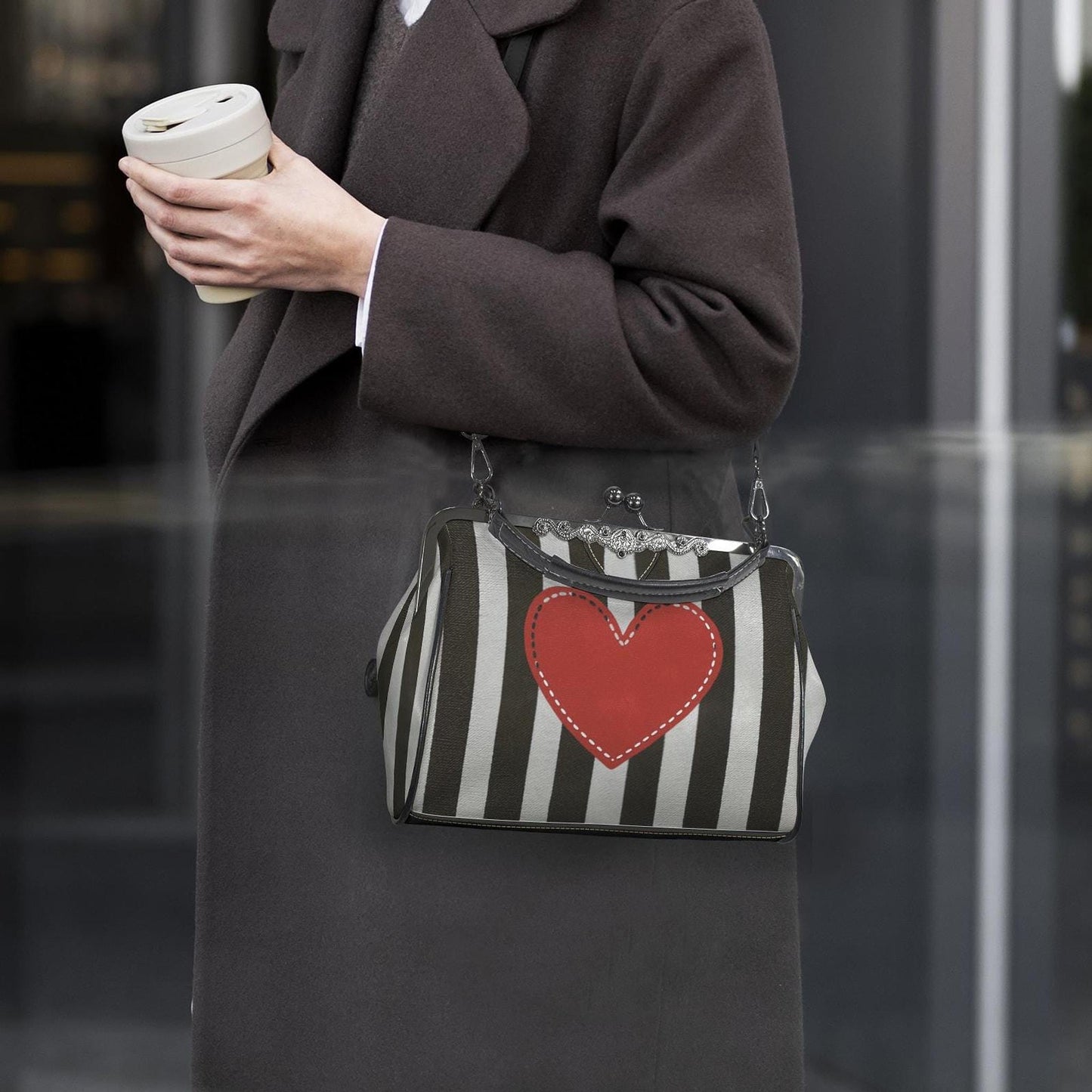 Striped Heart Kisslock Crossbody Bag, Vintage-Inspired PU Leather Handbag