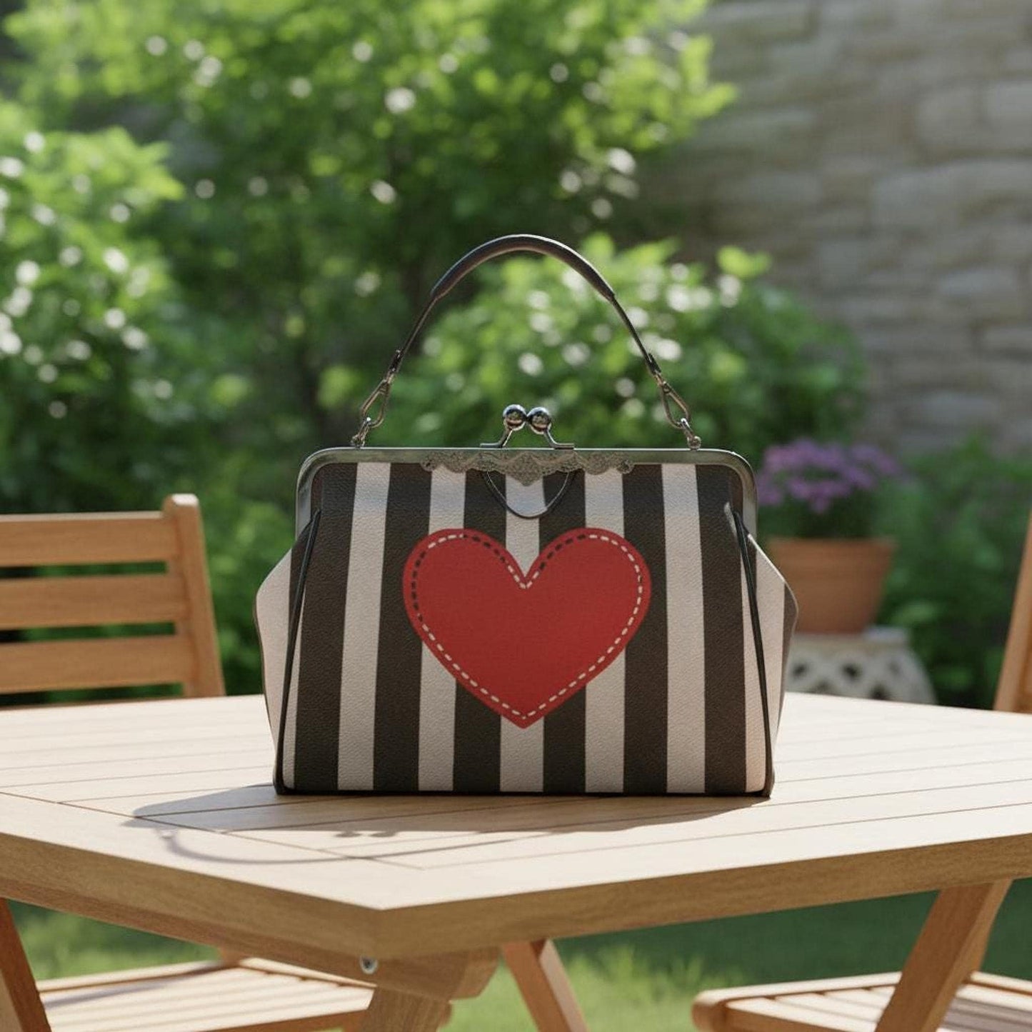 Striped Heart Kisslock Crossbody Bag, Vintage-Inspired PU Leather Handbag