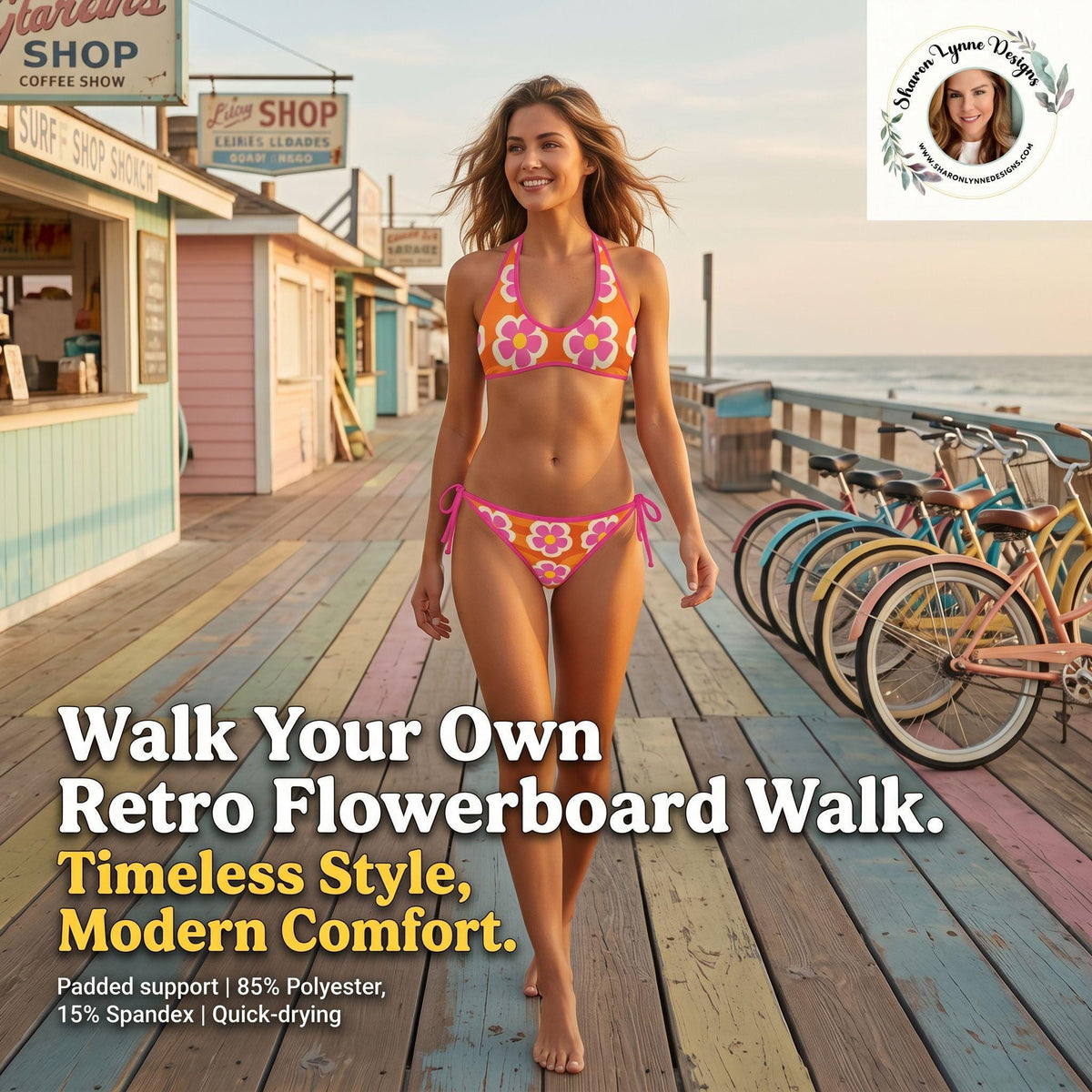 Retro Flower Bikini, Customizable Halter & Side Tie Swimsuit, Vintage Floral Swimwear for Beach