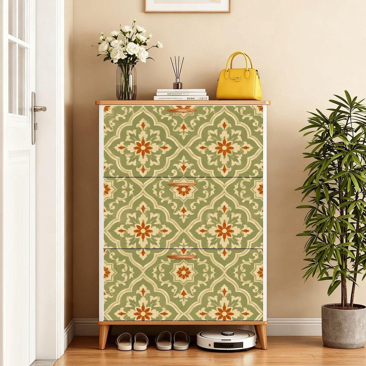 Retro Shoe Cabinet, Sage Green Floral Pattern with Three Flip Drawers, 9.5-Inch Depth