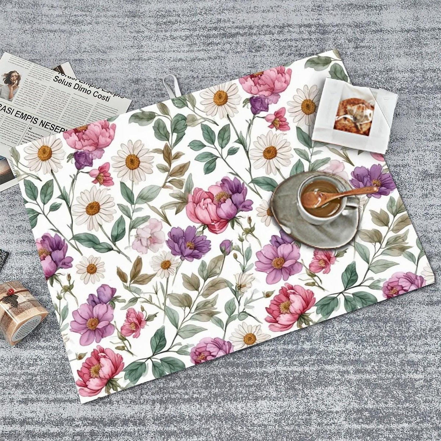 Floral Drying Mat, Large Microfiber Kitchen Pad with Spring Flower Print (24 x 18 Inches)