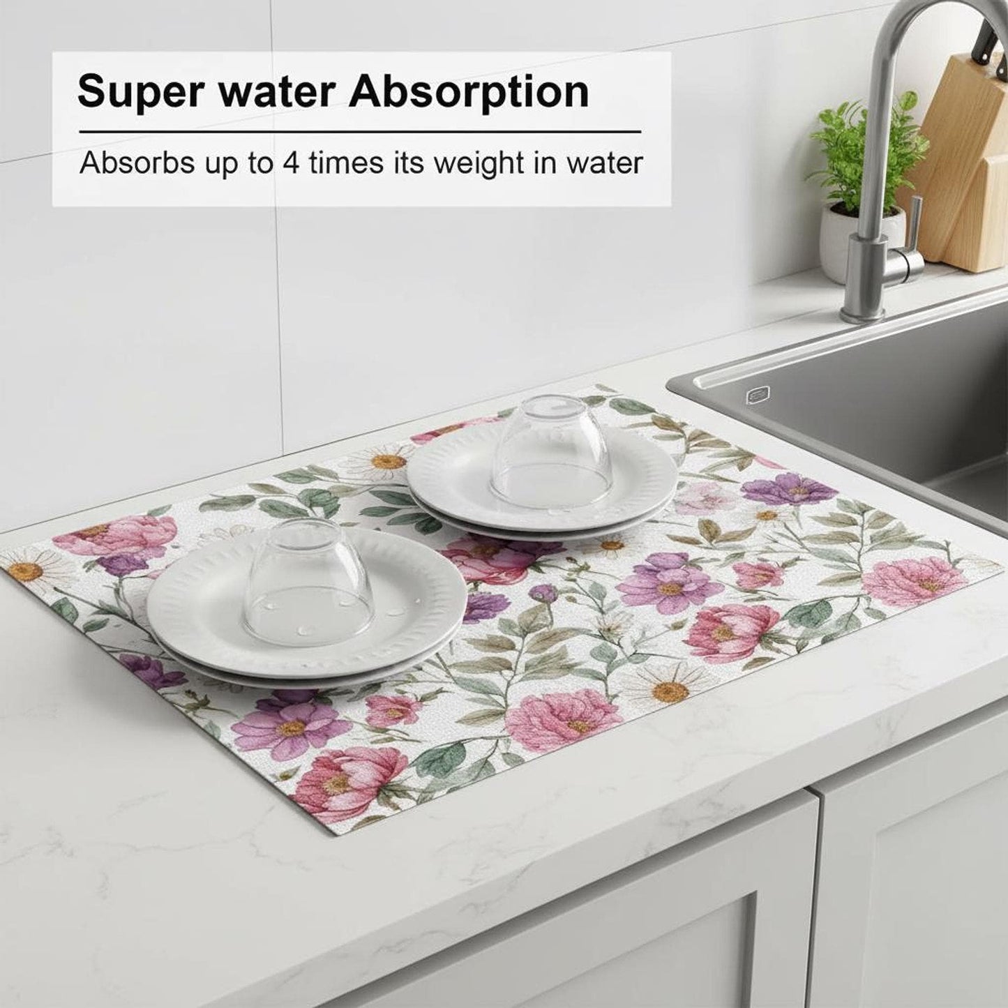Floral Drying Mat, Large Microfiber Kitchen Pad with Spring Flower Print (24 x 18 Inches)