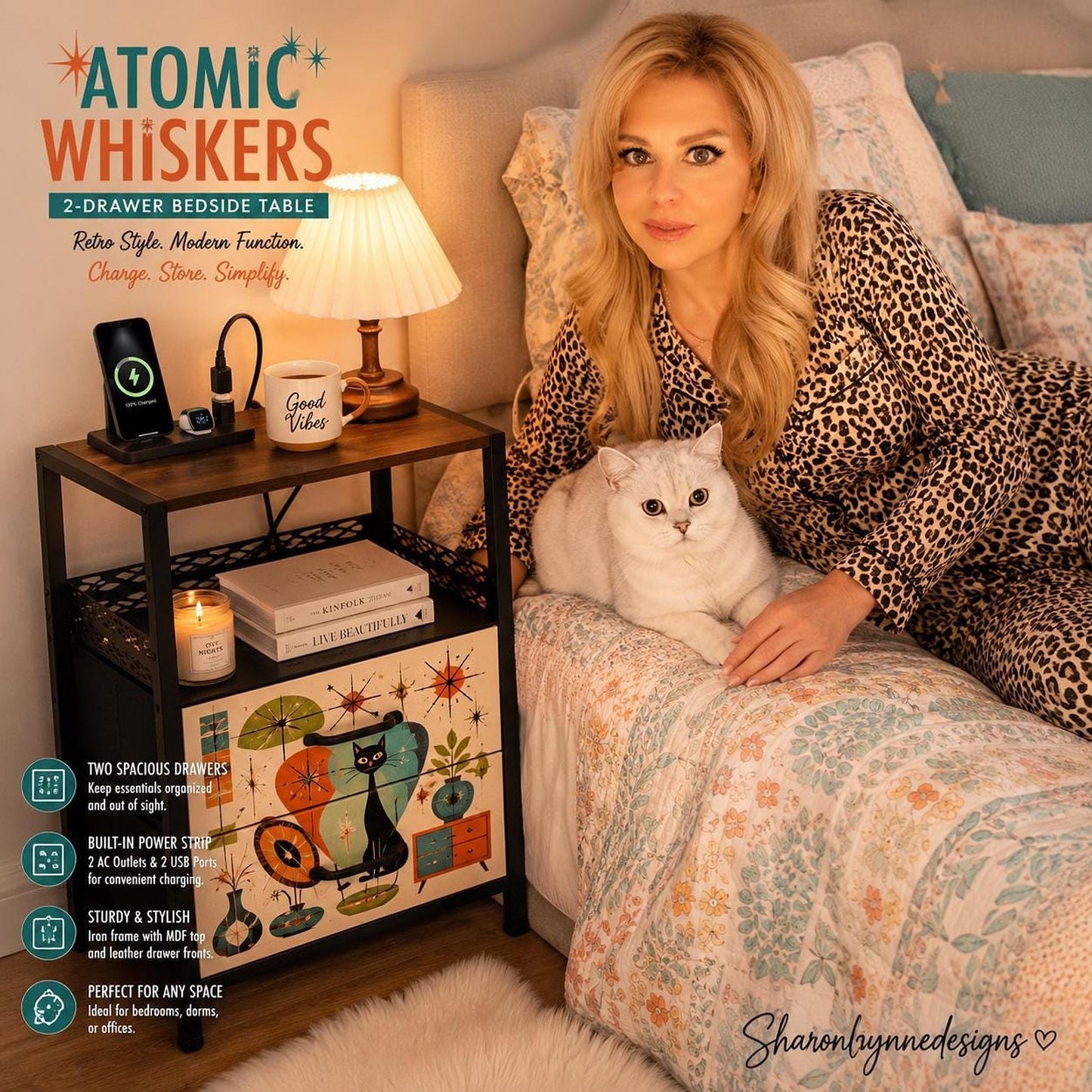 Modern Bedside Table with Power Strip, 2-Drawer MDF Nightstand and Retro Artwork