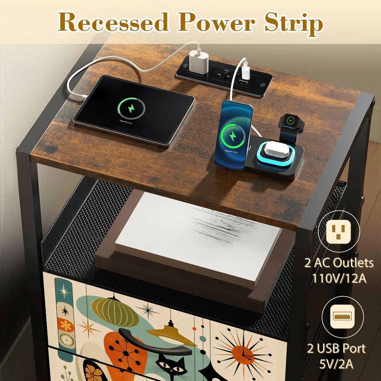 Modern Bedside Table with Power Strip, 2-Drawer MDF Nightstand and Retro Artwork