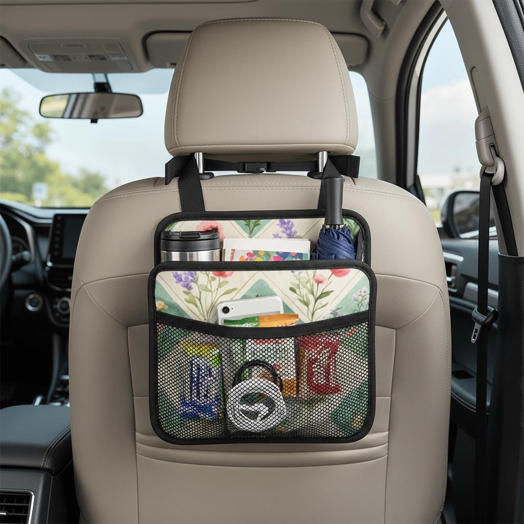 Floral Car Seat Organizer - Backseat Storage Caddy for Travel Accessories and Essentials