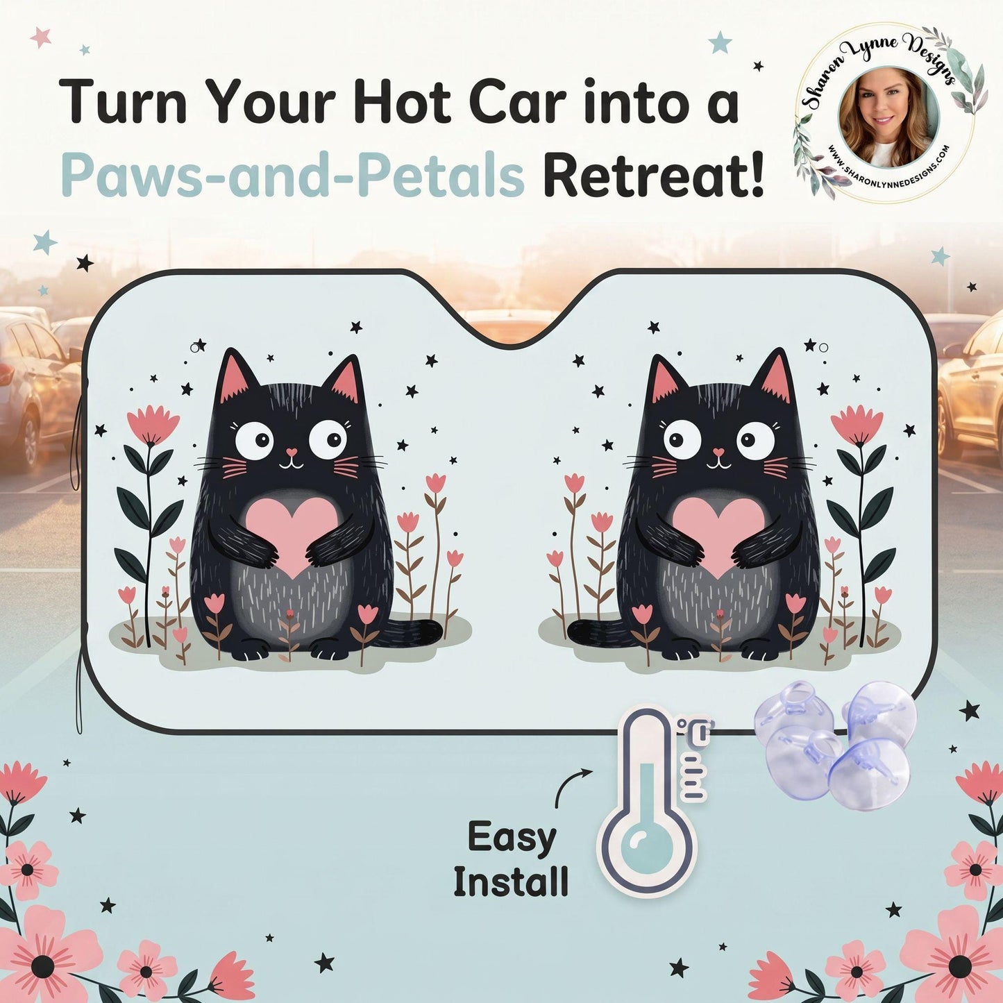 Cat Windshield Shade, Stiff Sunshade with Blue Cat Design for Auto Heat Protection