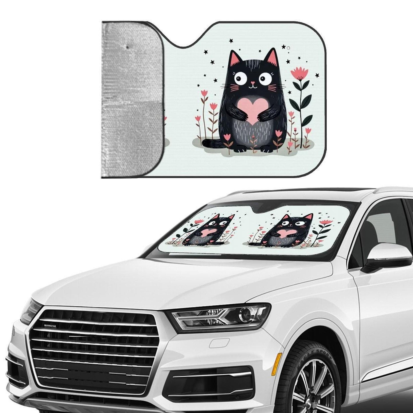 Cat Windshield Shade, Stiff Sunshade with Blue Cat Design for Auto Heat Protection