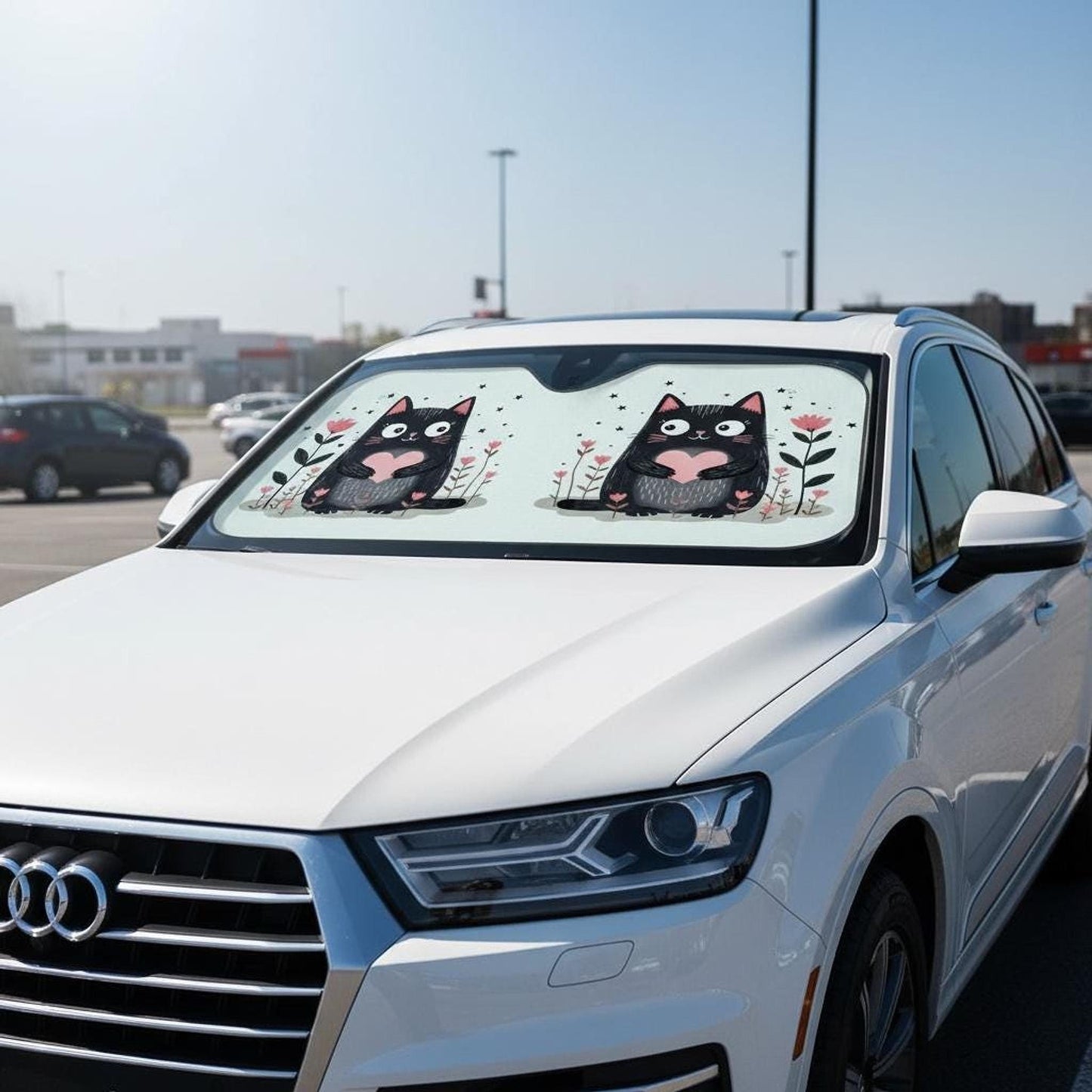 Cat Windshield Shade, Stiff Sunshade with Blue Cat Design for Auto Heat Protection