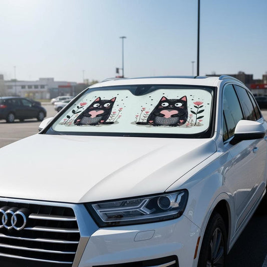 Cat Windshield Shade, Stiff Sunshade with Blue Cat Design for Auto Heat Protection