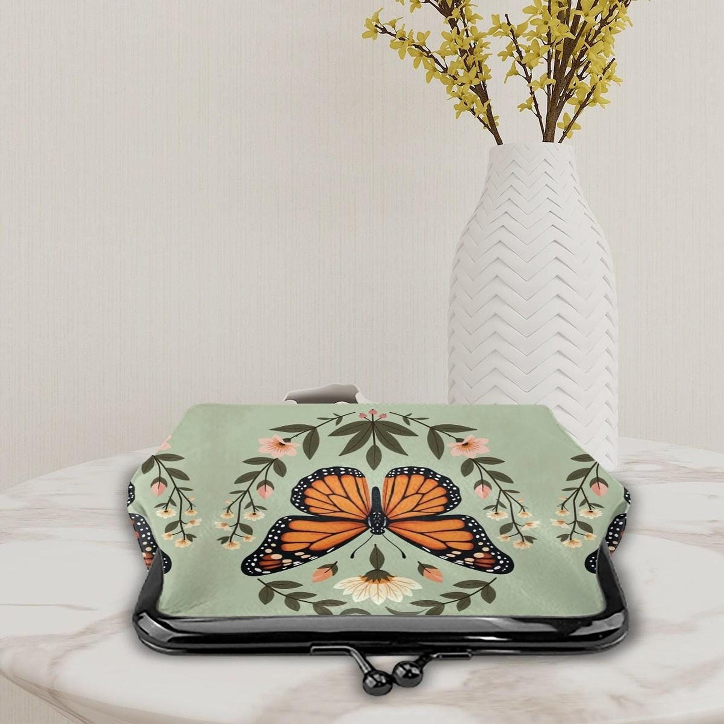 Butterfly Coin Purse, Women's Microfiber Leather Wallet with Kiss Lock Closure