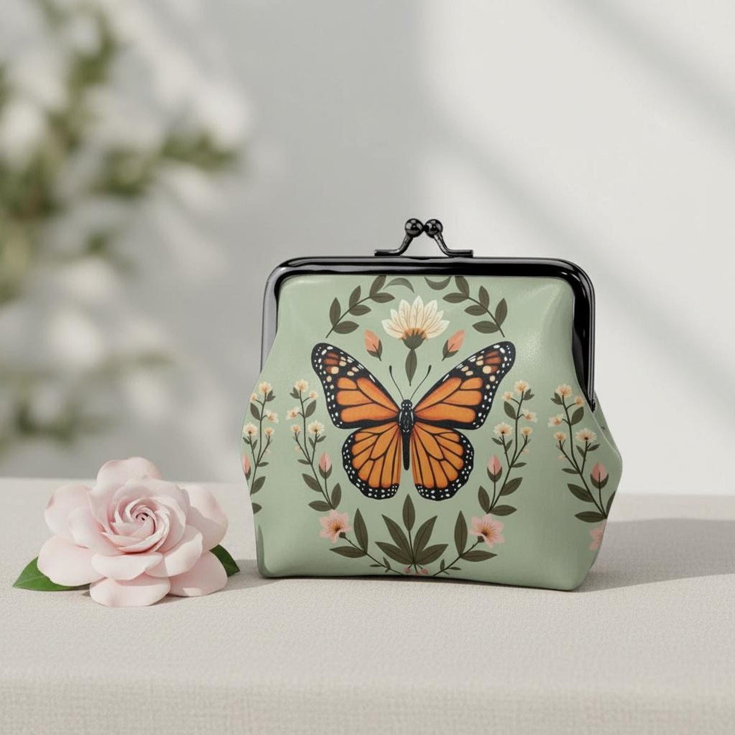 Butterfly Coin Purse, Women's Microfiber Leather Wallet with Kiss Lock Closure