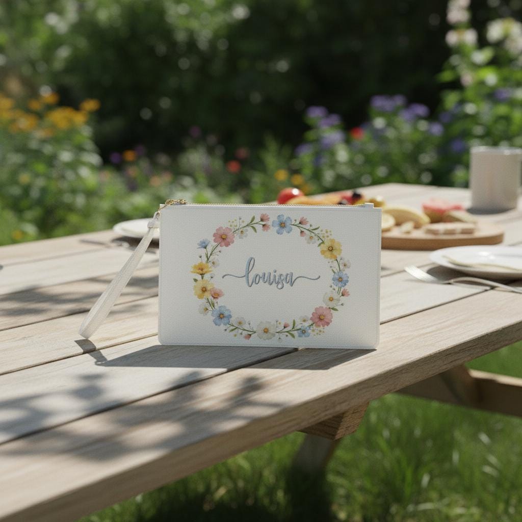 Custom Name Clutch Bag with Floral Wreath Design, Personalized Script Monogram Purse