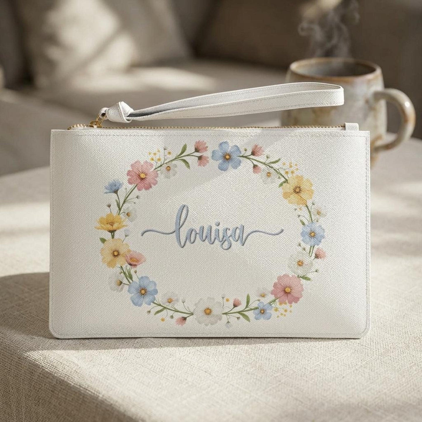 Custom Name Clutch Bag with Floral Wreath Design, Personalized Script Monogram Purse
