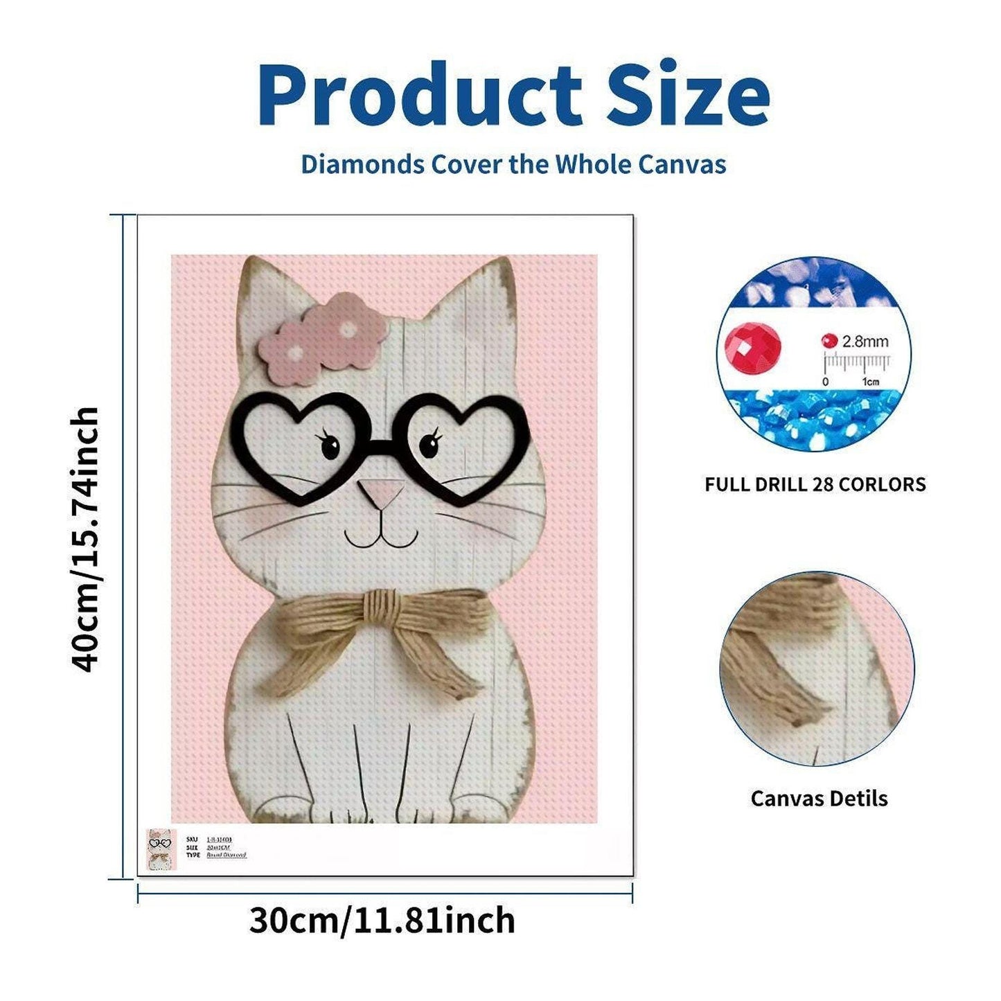 Smarty Cat Diamond Painting Kit, 12x16 Inches Feline Art with Heart Glasses
