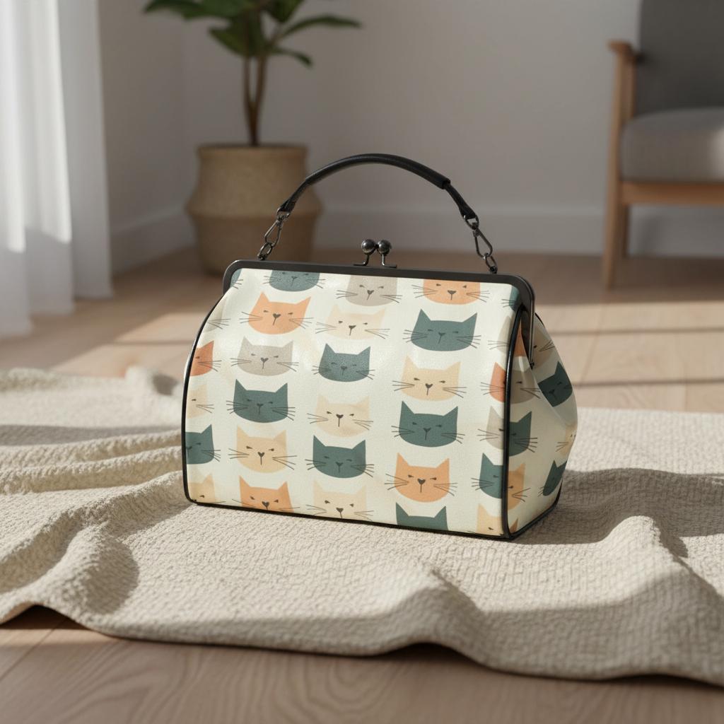 Retro Cat Bag, Large Vintage Kisslock Crossbody Handbag with Adorable Cat Print