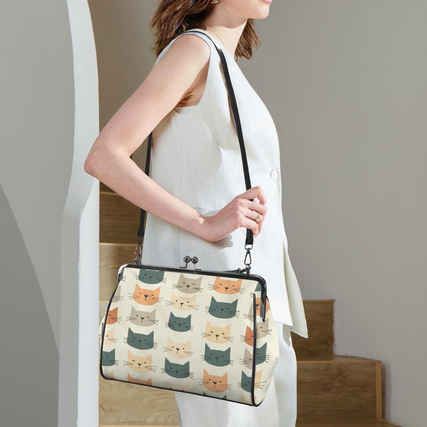 Retro Cat Bag, Large Vintage Kisslock Crossbody Handbag with Adorable Cat Print