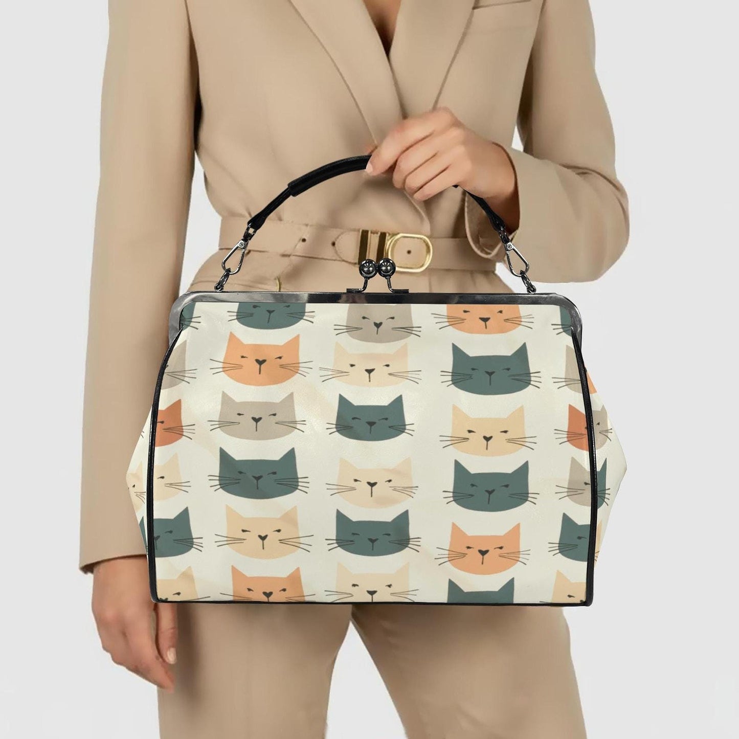 Retro Cat Bag, Large Vintage Kisslock Crossbody Handbag with Adorable Cat Print