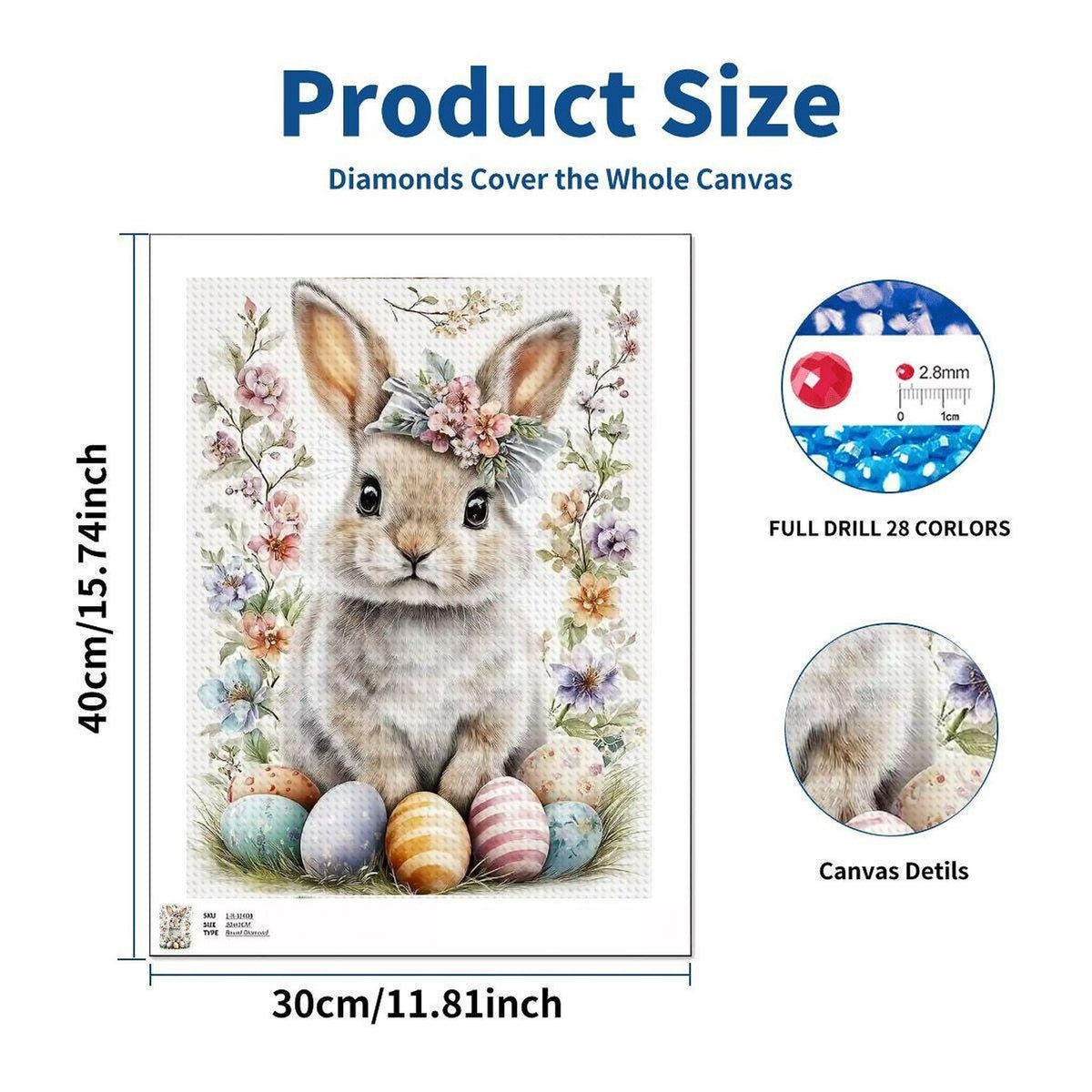 Bunny DIY Diamond Painting Kit No Frame - Rabbit Art Craft Project Gems Canvas