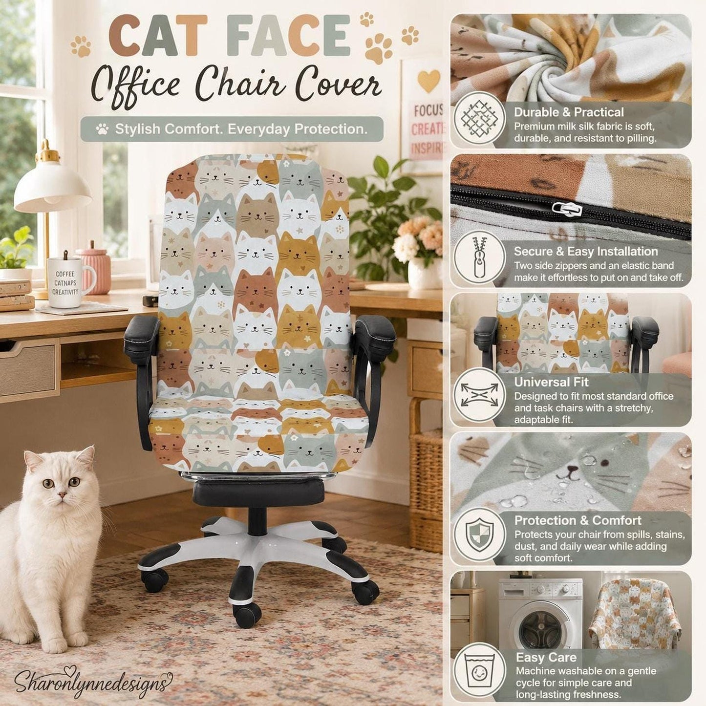 Cat Face Office Chair Cover – Neutral Tones, Milk Silk Fabric, Universal Fit