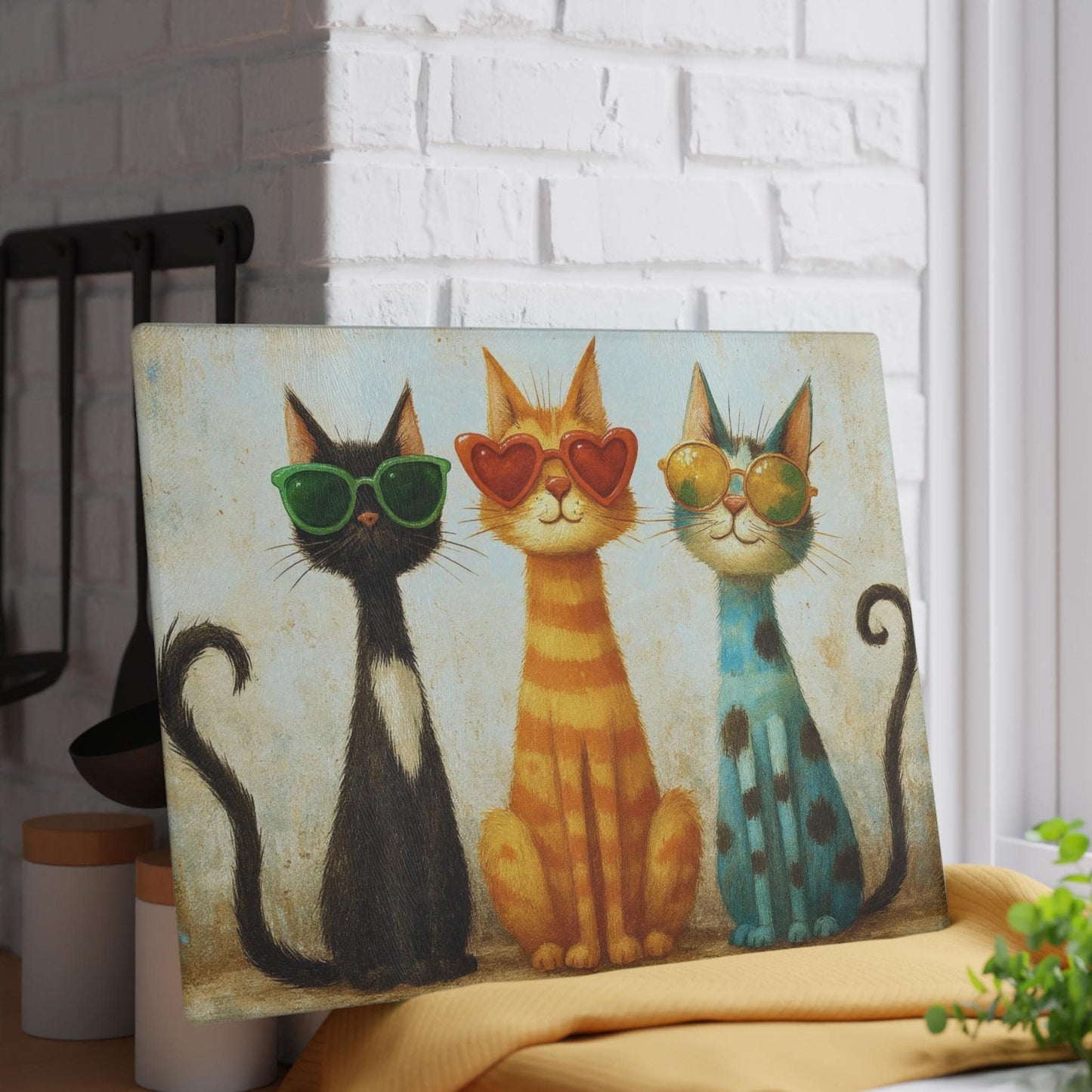 Cat Themed Kitchen Cutting Board, Tempered Glass with Three Cats in Sunglasses
