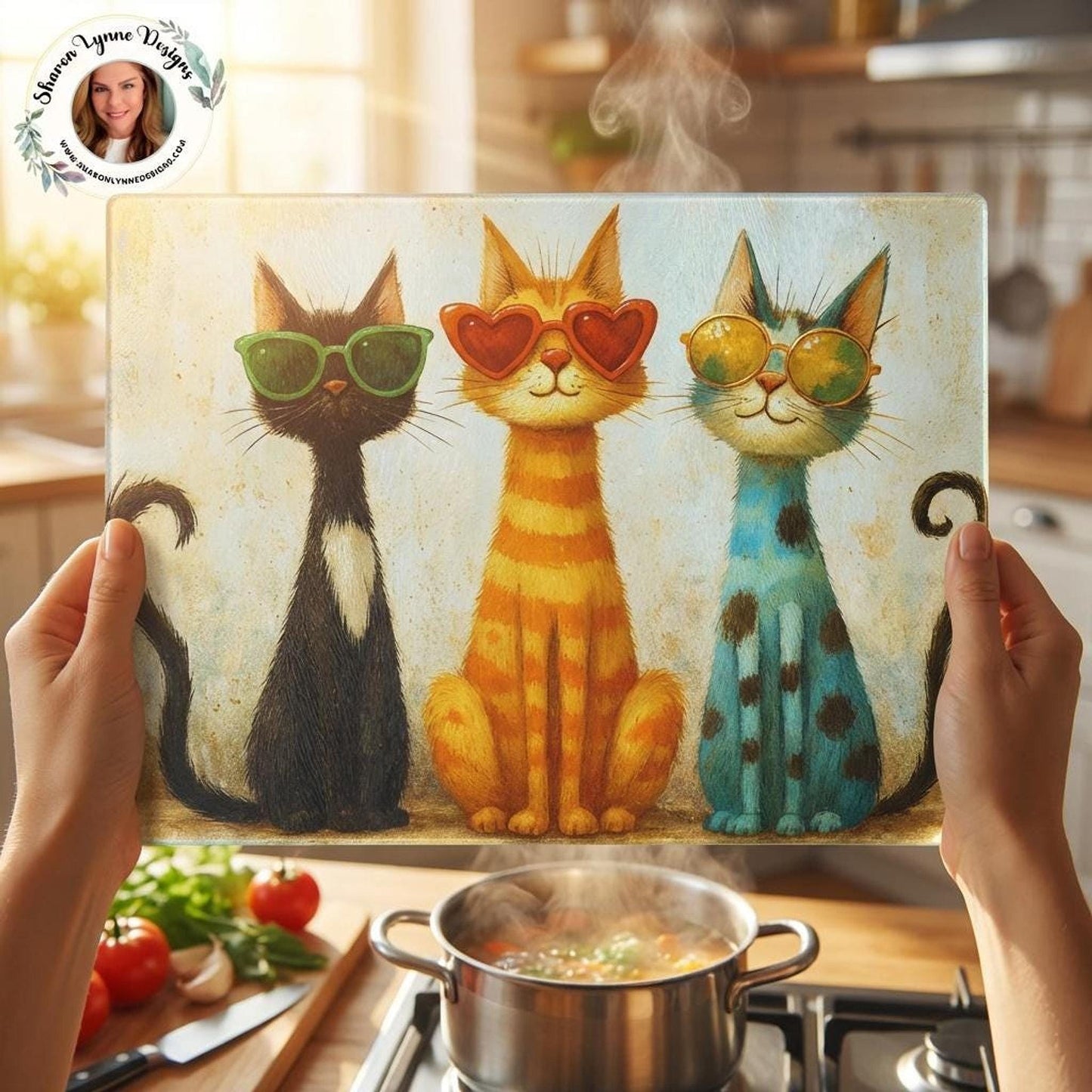 Cat Themed Kitchen Cutting Board, Tempered Glass with Three Cats in Sunglasses