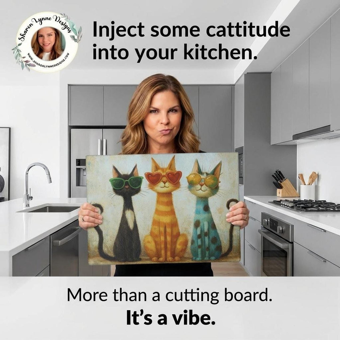 Cat Themed Kitchen Cutting Board, Tempered Glass with Three Cats in Sunglasses