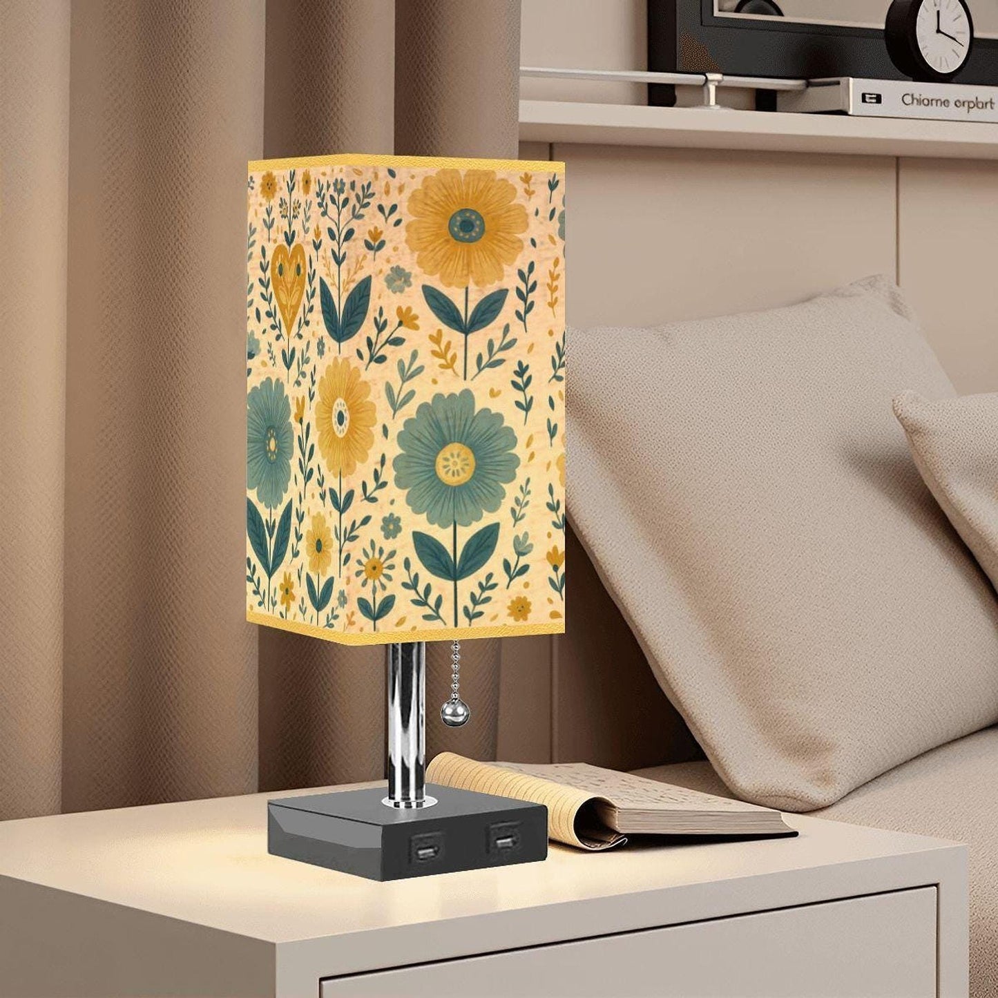 Floral Table Lamp with USB Port, Gold Trim and Linen Shade